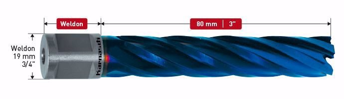 Karnasch HSS-XE+DURABLUE-gecoate Kernboor, Weldonopname 19mm, snijdiepte 80mm, Blue-Line80 Ø26mm Art: 201285026