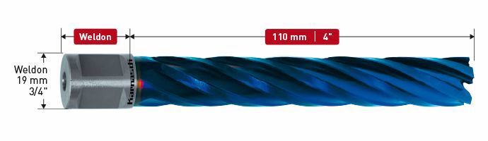 Karnasch HSS-XE+DURABLUE-gecoate Kernboor, Weldonopname 19mm, snijdiepte 110mm, Blue-Line110 Ø18mm Art: 201280018