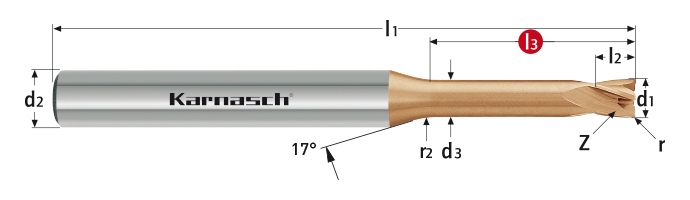 Karnasch VHM-frees kort HRC/HSC/HHC Ø2,5 / r=0,20 / L3=16 / Z=4 HXC-Nano³-coating Art: 306267025002016