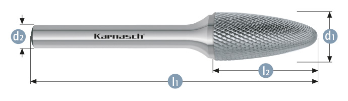 Karnasch HM freesstift ongecoat Type MICRO RBF / HP-11 d1= 6,0 / l2= 18,0 / d2= 6 / l1= 50mm Art: 114084040