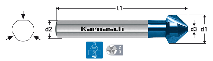Karnasch verzinker 90°, HSS-XE+Blue-Tec gecoat, 3-vlaksopname, DIN 335 Ø40,0mm Art: 201745260