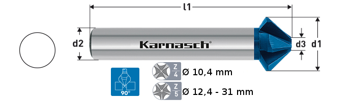 Karnasch verzinker 90°, VHM Blue-Tec gecoat cylindrische opname, 5 snijkanten Ø20,5mm Art: 4030450205