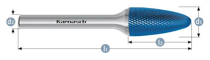 Karnasch HM freesstift Blue-Tec gecoat MICRO RBF/ HP-11 d1= 12,0 / l2= 25,0 / d2= 6 / l1= 70mm Art: 116084070