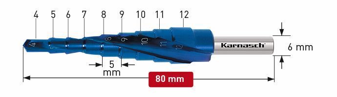 Karnasch trappenboor HSS-XE, Blue-Dur gecoat gespiraliseerd - 2 snijkanten 4-12mm BESTSELLER Art: 201447