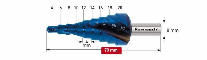 Karnasch trappenboor HSS-XE, Blue-Dur gecoat gespiraliseerd - 2 snijkanten 4-20mm BESTSELLER Art: 201448