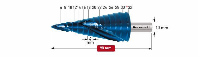 Karnasch trappenboor HSS-XE, Blue-Dur gecoat gespiraliseerd - 2 snijkanten 6-30mm BESTSELLER Art: 201449