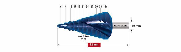 Karnasch trappenboor HSS-XE, Blue-Dur gecoat gespiraliseerd - 2 snijkanten 6-36mm Art: 201450