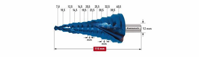 Karnasch trappenboor HSS-XE, Blue-Dur gecoat gespiraliseerd - 2 snijkanten 7-40,5mm Art: 201451