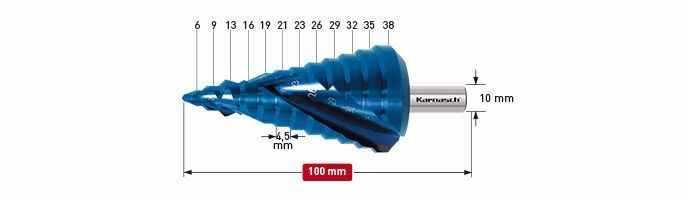 Karnasch trappenboor HSS-XE, Blue-Dur gecoat gespiraliseerd - 2 snijkanten 6-38mm Art: 201470
