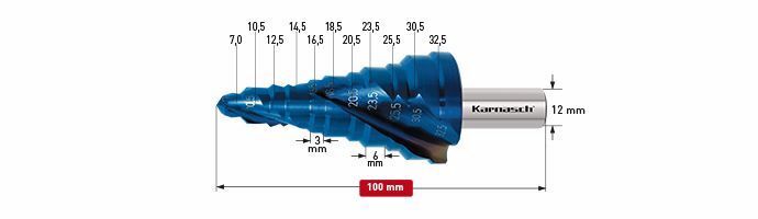 Karnasch trappenboor HSS-XE, Blue-Dur gecoat gespiraliseerd - 2 snijkanten 7-32,5mm Art: 201471