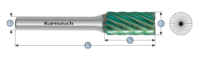 Karnasch BESTSELLER HM freesstift Green-Tec gecoat type ZYB/ HP-3 PRO d1=10,0 / l2=20 / d2=6 / l1=65mm Art: 116091030