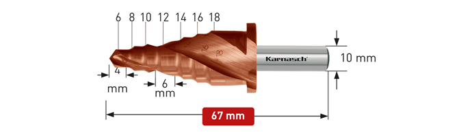 Karnasch BESTSELLER trappenboor voor vangrailmontage, gespiraliseerd, HSS-XE Titec-Tec gecoat, 2-snijder, Ø6-18mm Art: 213053