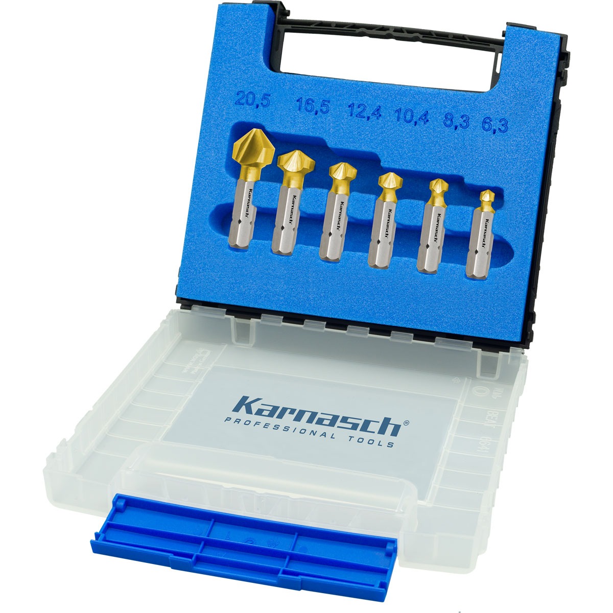 Karnasch Verzinkboren-set 90° HSS-XE TIN-gecoat met bit-opname, kort, Ø 6.3, 8.3, 10.4, 12.4, 16.5, 20.5mm art. 403095010