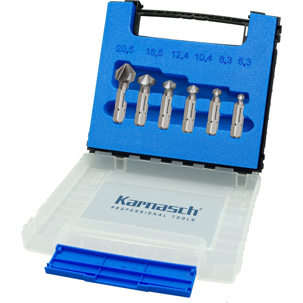 Karnasch Verzinkboren-set 90° HSS-XE ongecoat met bit-opname, kort, Ø 6.3, 8.3, 10.4, 12.4, 16.5, 20.5mm art. 404095010